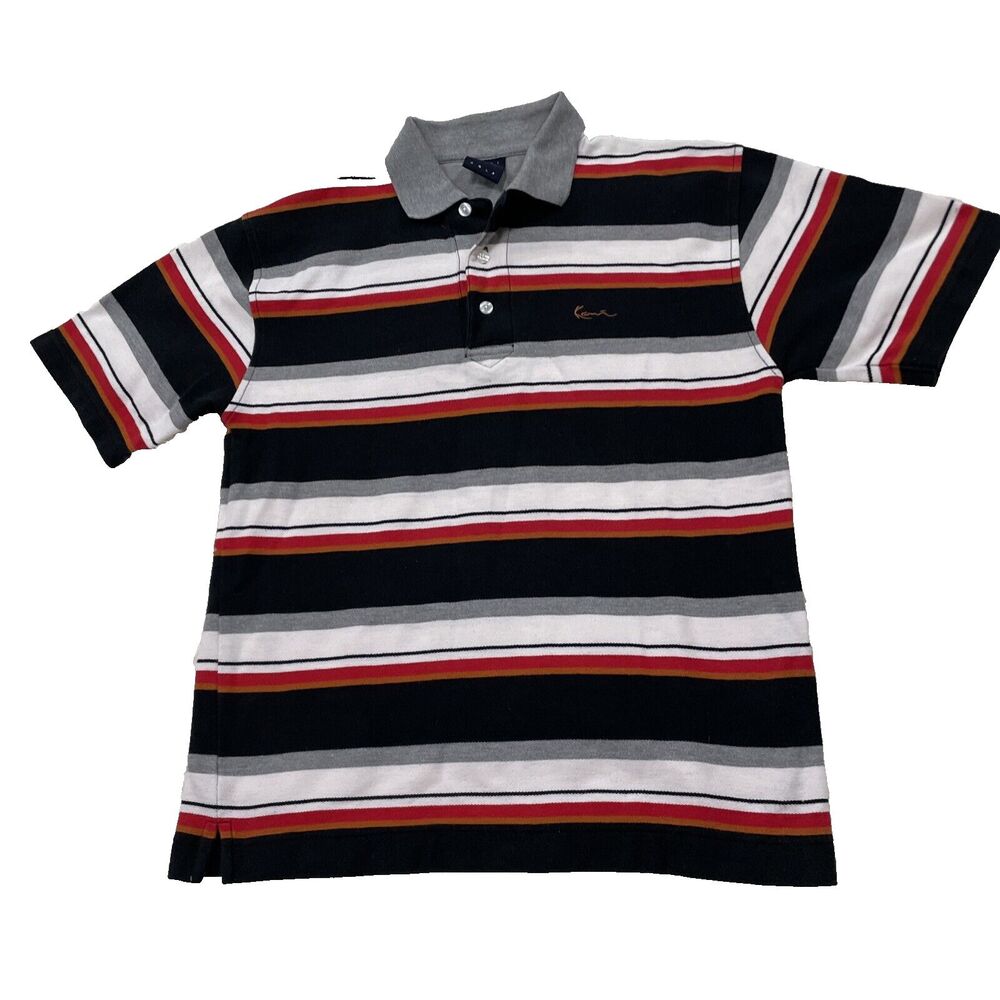 KARL KANI GOLD Polo Shirt Teen L (16-18) Black Red White Gold Multi Stripe 38"